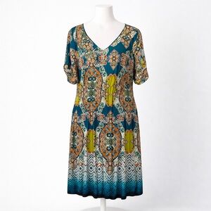 EN FOCUS WOMEN Teal Multicolor V-Neck Midi Dress (20W)